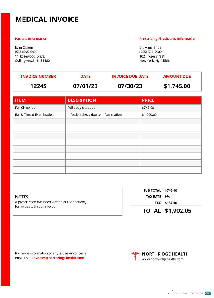 Download USA New York Northridge Health Center medical invoice template Photoshop template